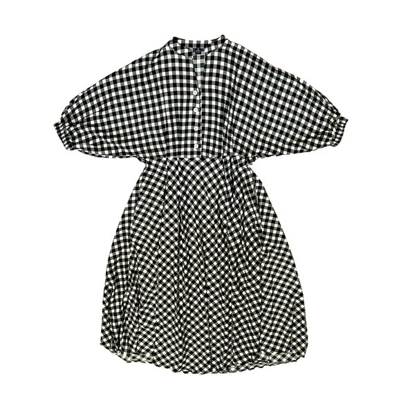 CCC Vintage Black White Gingham Checkered Midi Dress Button Front Elastic Cuffs - Picture 5 of 8